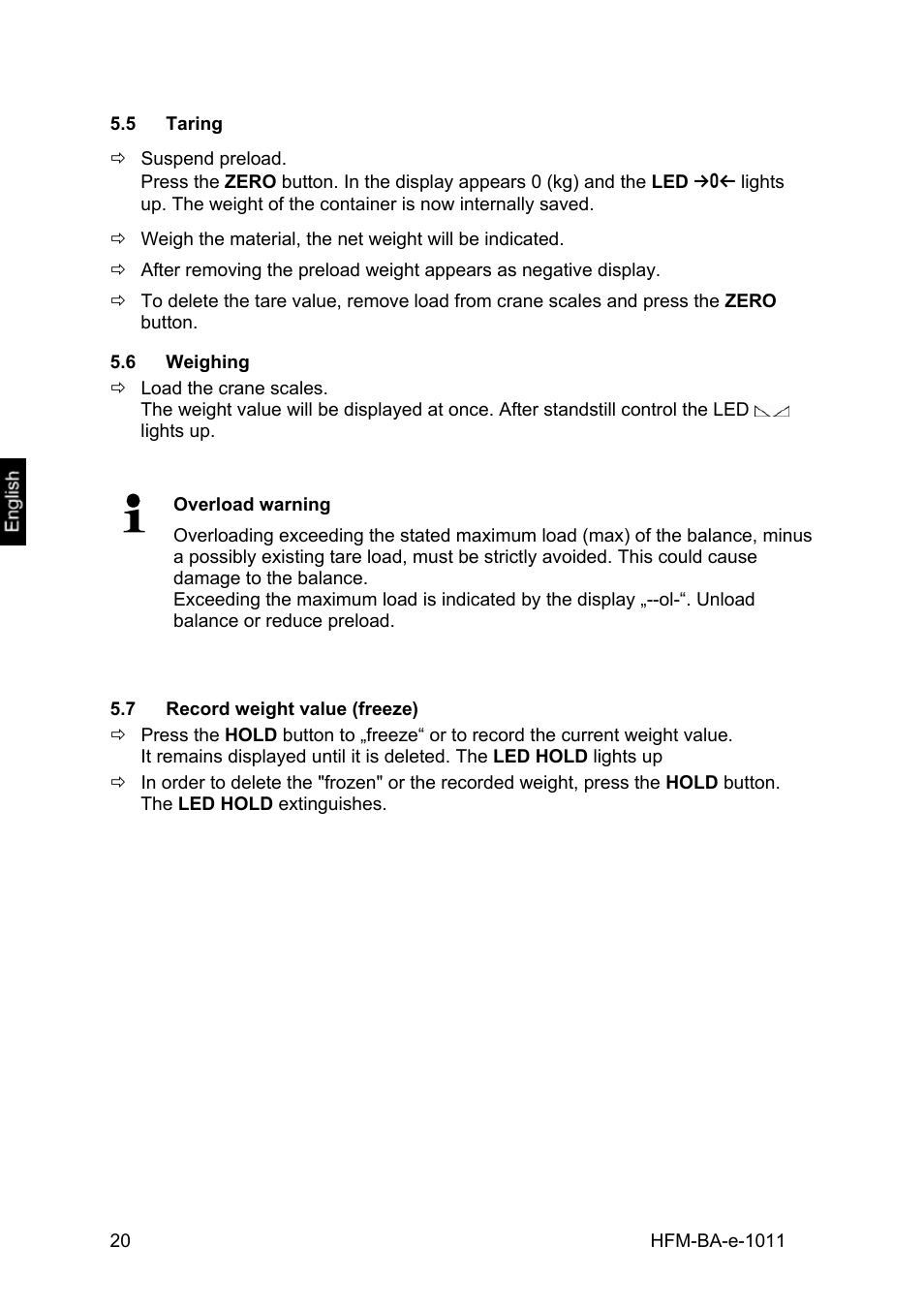 5 taring, 6 weighing, 7 record weight value (freeze) | Taring, Weighing, Record weight value (freeze) | KERN & SOHN HFM 10T1 User Manual | Page 20 / 32