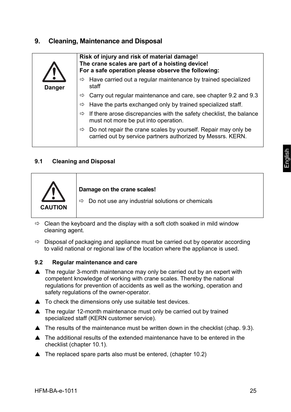 Cleaning, maintenance and disposal, 1 cleaning and disposal, 2 regular maintenance and care | Cleaning and disposal, Regular maintenance and care | KERN & SOHN HFM 10T1 User Manual | Page 25 / 32