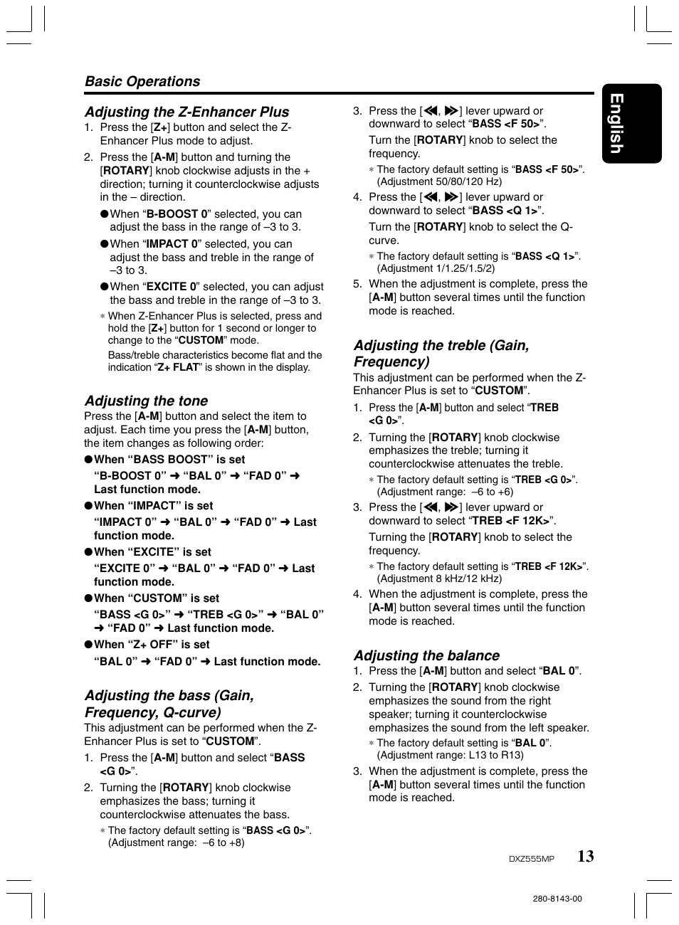 13 english, Adjusting the z-enhancer plus, Adjusting the tone | Adjusting the bass (gain, frequency, q-curve), Adjusting the treble (gain, frequency), Adjusting the balance, Basic operations | Clarion DXZ555MP User Manual | Page 11 / 25