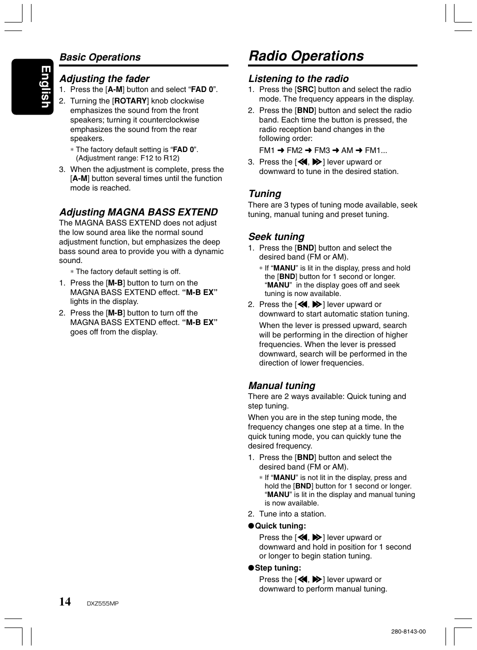 Radio operations, English, Listening to the radio | Tuning, Seek tuning, Manual tuning, Basic operations adjusting the fader, Adjusting magna bass extend | Clarion DXZ555MP User Manual | Page 12 / 25