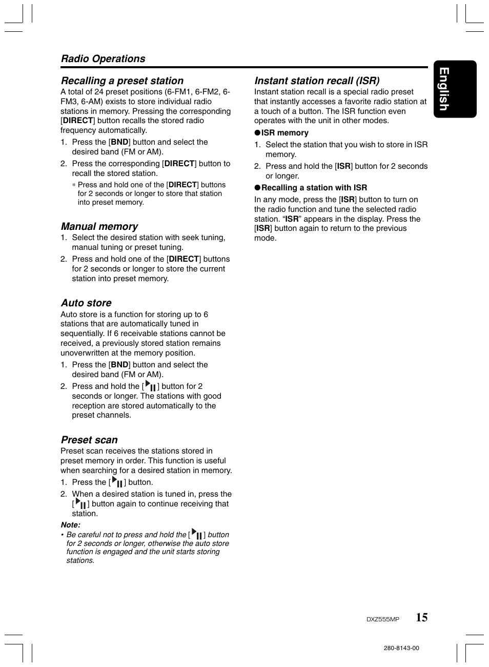 15 english, Radio operations recalling a preset station, Auto store | Preset scan, Instant station recall (isr) | Clarion DXZ555MP User Manual | Page 13 / 25