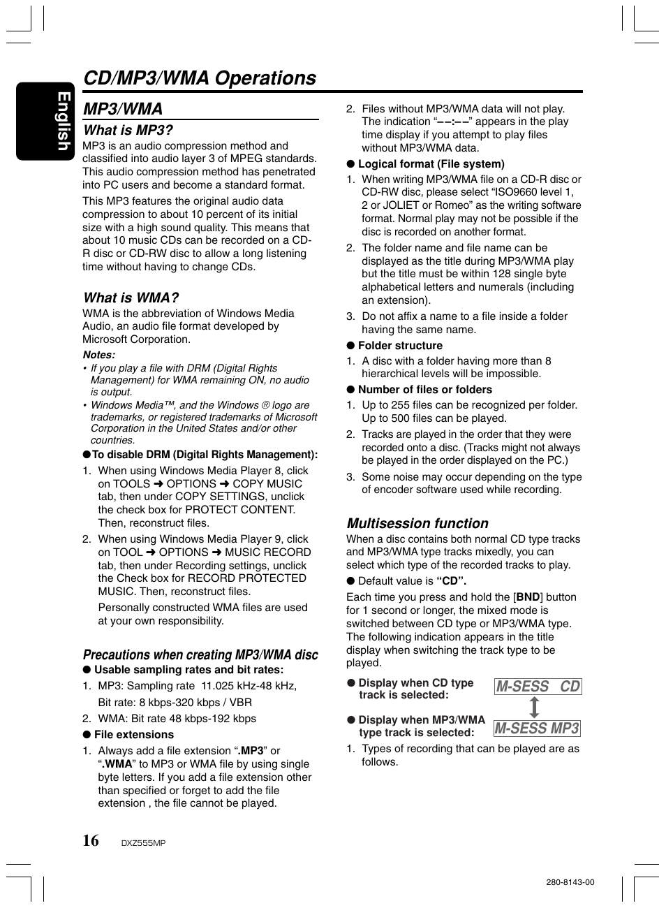 Cd/mp3/wma operations, Mp3/wma, English | M-sess cd m-sess mp3, Multisession function, What is mp3, What is wma, Precautions when creating mp3/wma disc | Clarion DXZ555MP User Manual | Page 14 / 25