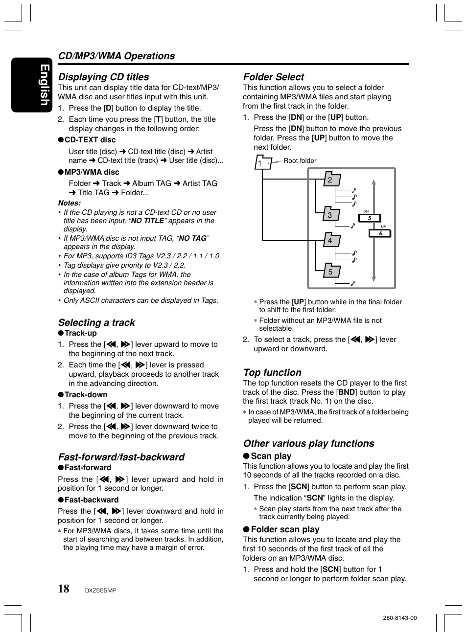 English, Cd/mp3/wma operations, Top function | Other various play functions, Displaying cd titles, Selecting a track, Fast-forward/fast-backward, Folder select | Clarion DXZ555MP User Manual | Page 16 / 25