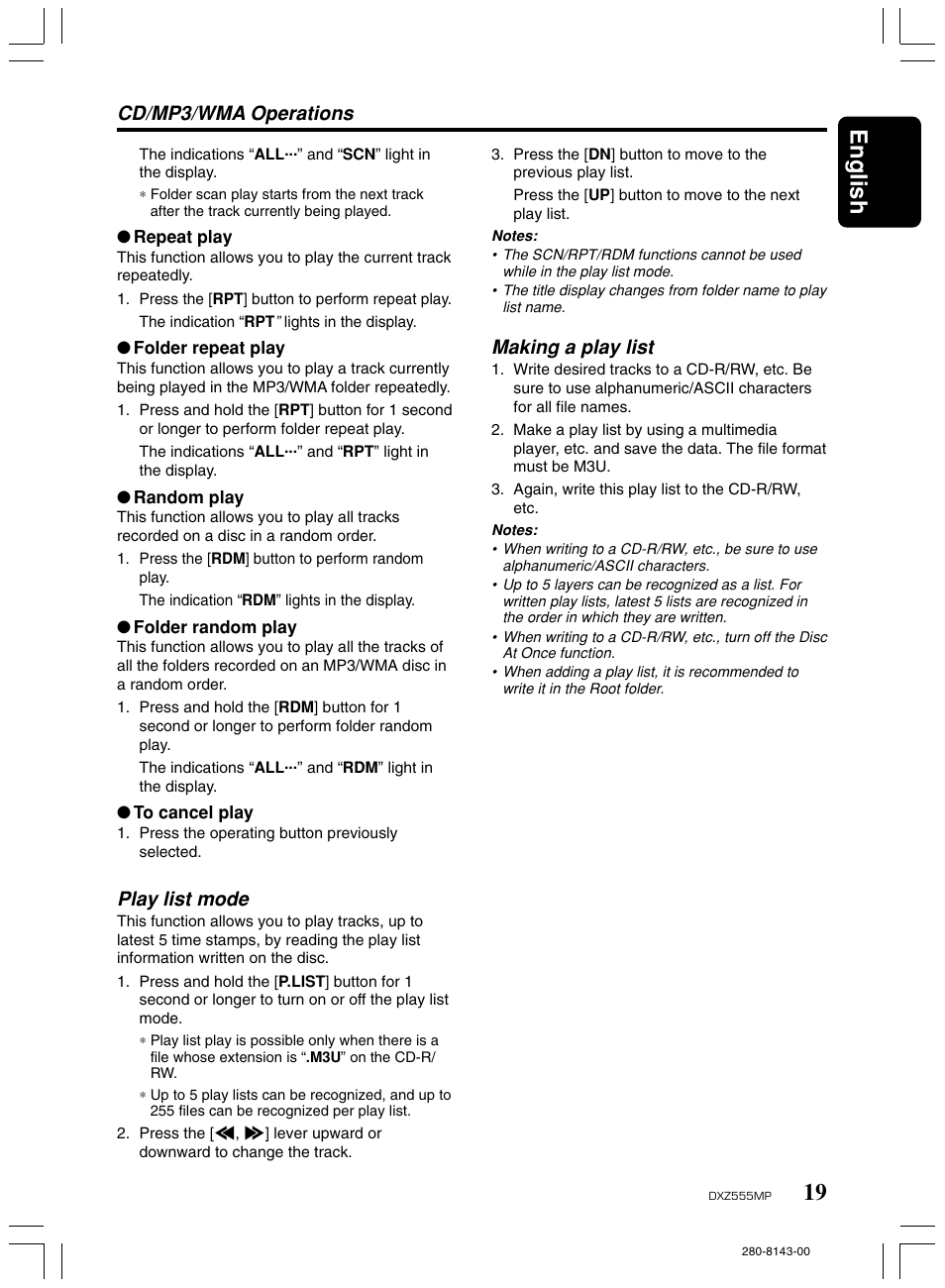 19 english, Making a play list, Cd/mp3/wma operations | Play list mode | Clarion DXZ555MP User Manual | Page 17 / 25