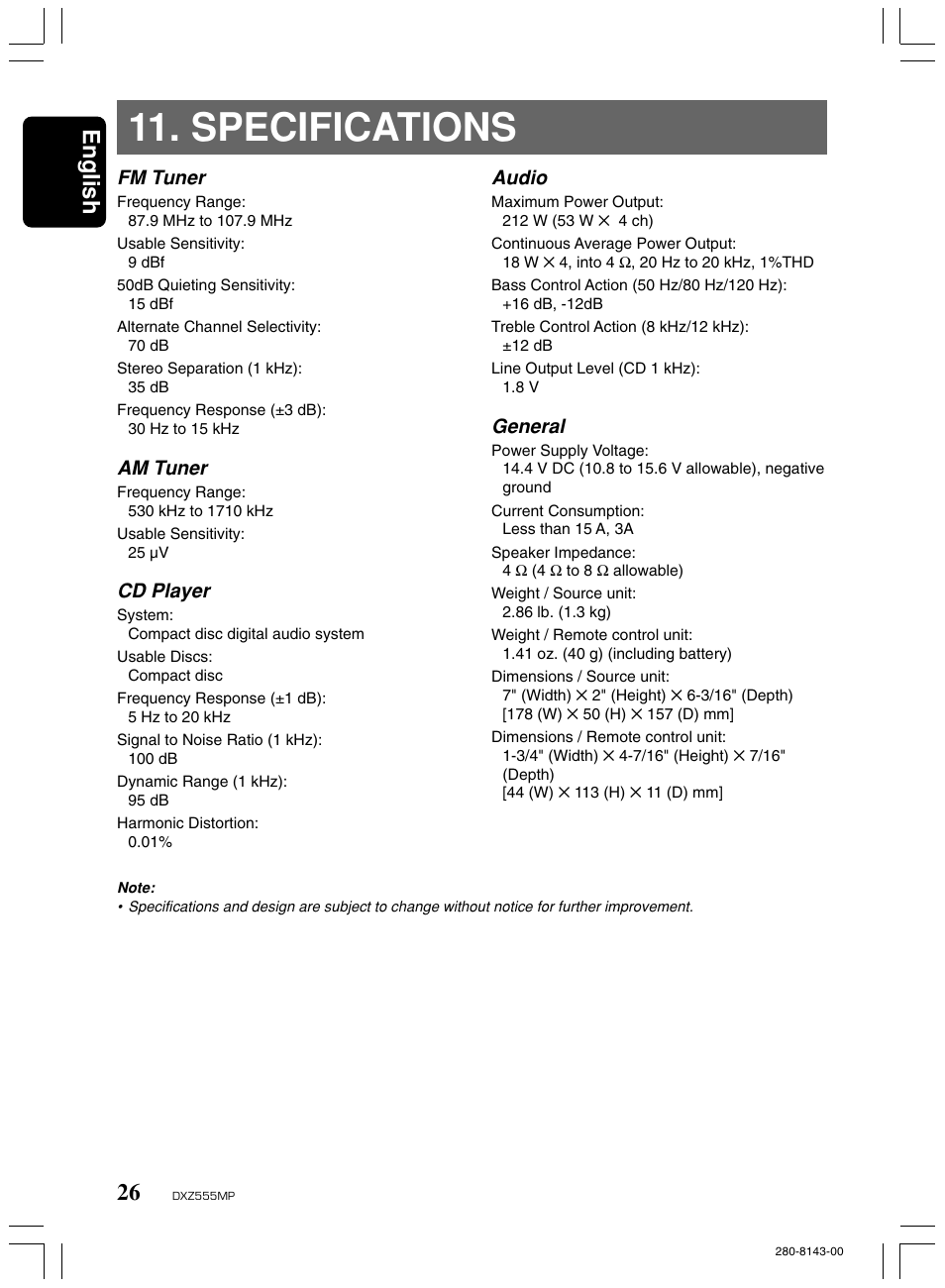 Specifications, English, Fm tuner | Am tuner, Cd player, Audio, General | Clarion DXZ555MP User Manual | Page 24 / 25