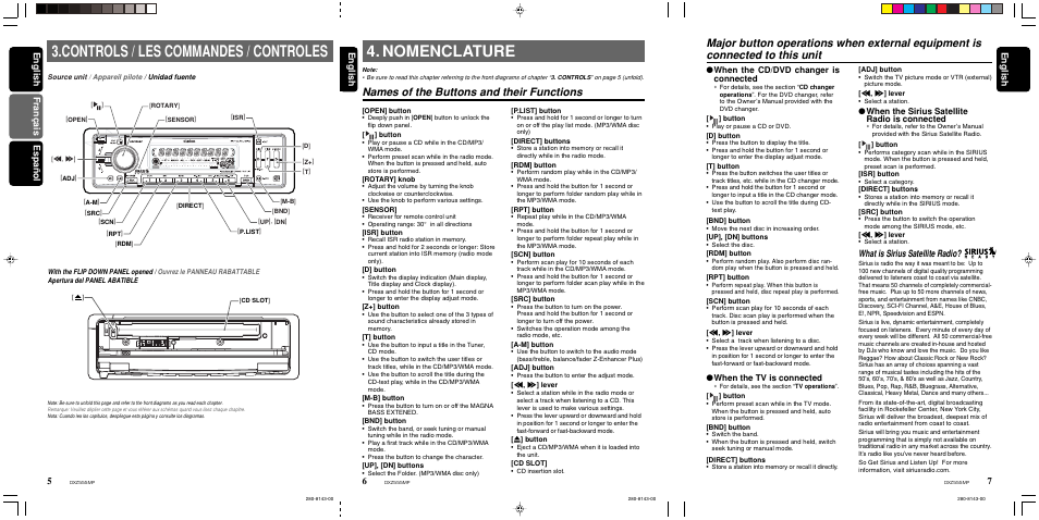 Nomenclature, Controls / les commandes / controles, Names of the buttons and their functions | What is sirius satellite radio, English, English fran ç ais espa ñ ol english, When the sirius satellite radio is connected, When the cd/dvd changer is connected, When the tv is connected | Clarion DXZ555MP User Manual | Page 5 / 25