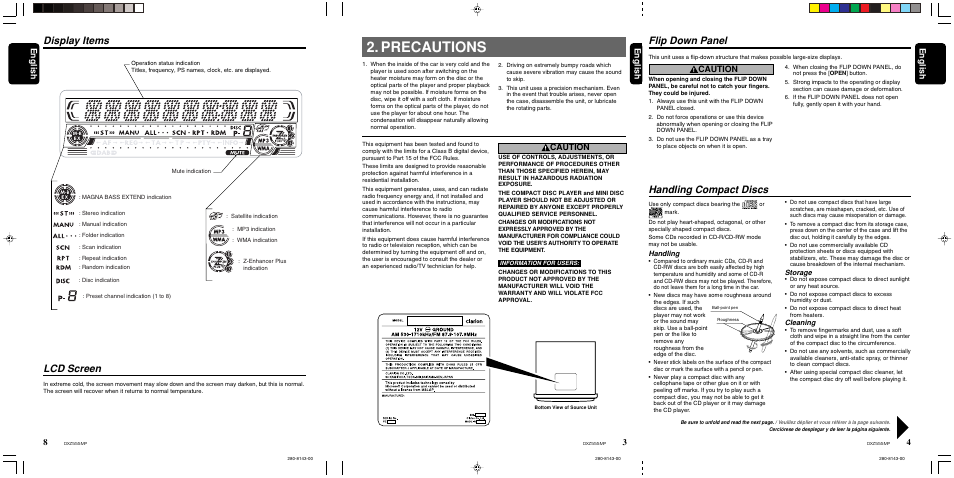 Display items, Lcd screen, Precautions | Handling compact discs, Flip down panel, 4english english english, Caution, Handling, Storage, Cleaning | Clarion DXZ555MP User Manual | Page 6 / 25