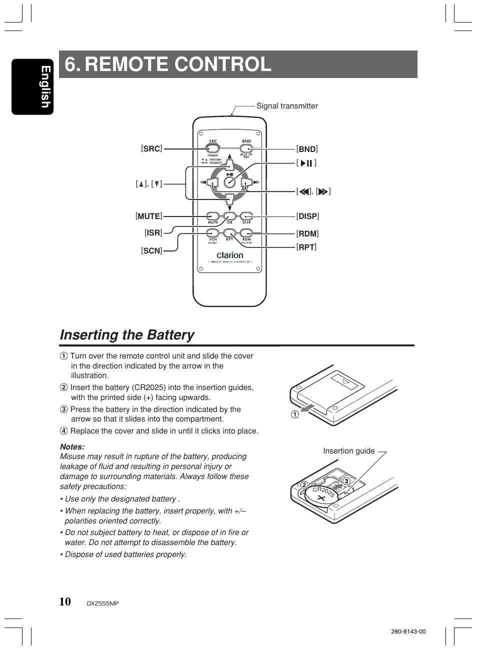Remote control, Inserting the battery, English | Clarion DXZ555MP User Manual | Page 8 / 25