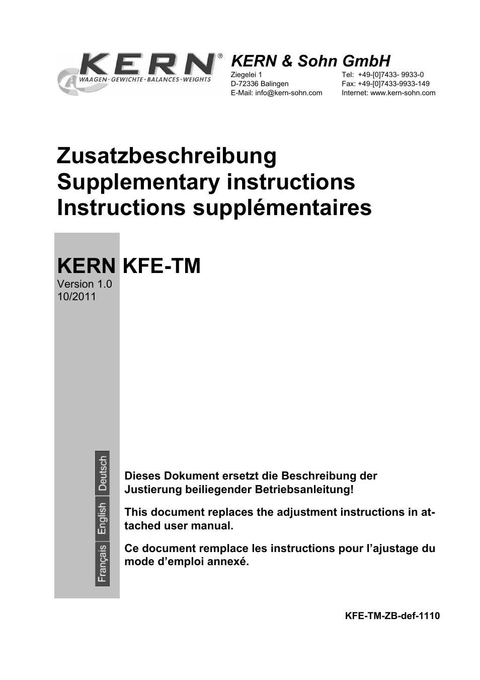 KERN & SOHN KFE-TM Addendum User Manual | 13 pages