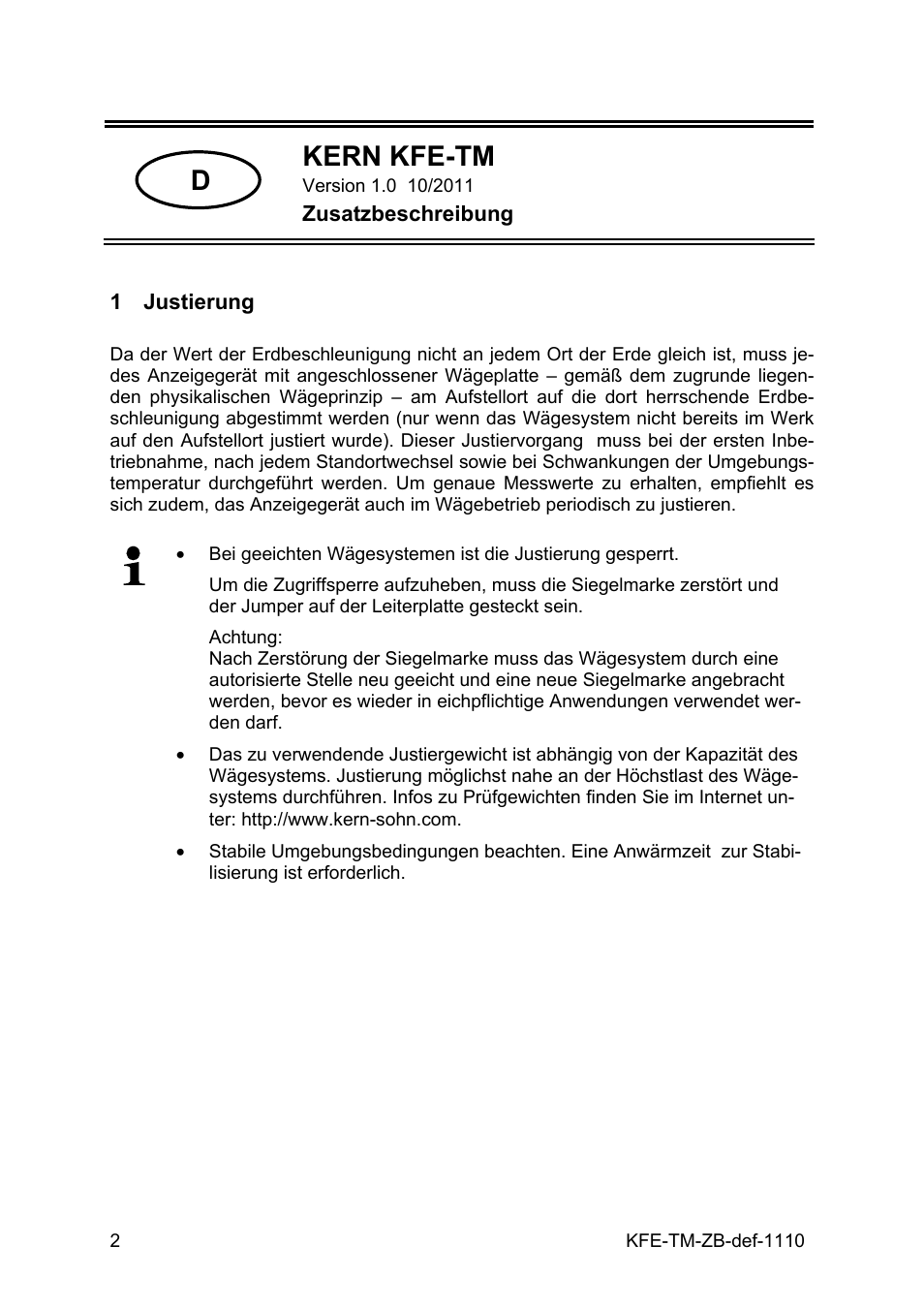 1 justierung, Dkern kfe-tm | KERN & SOHN KFE-TM Addendum User Manual | Page 2 / 13