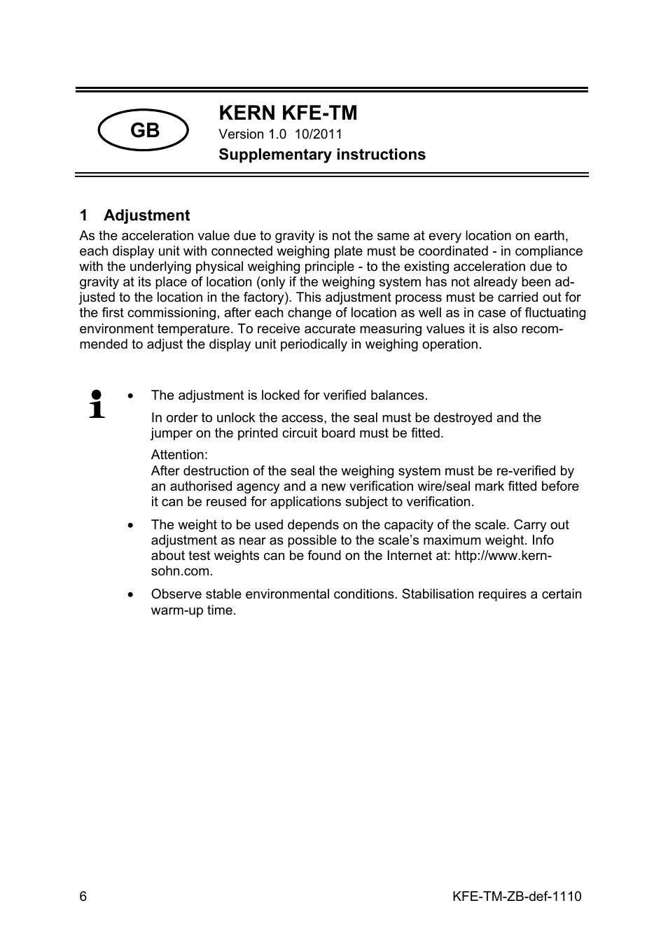 1 adjustment, Gb kern kfe-tm, Supplementary instructions | KERN & SOHN KFE-TM Addendum User Manual | Page 6 / 13