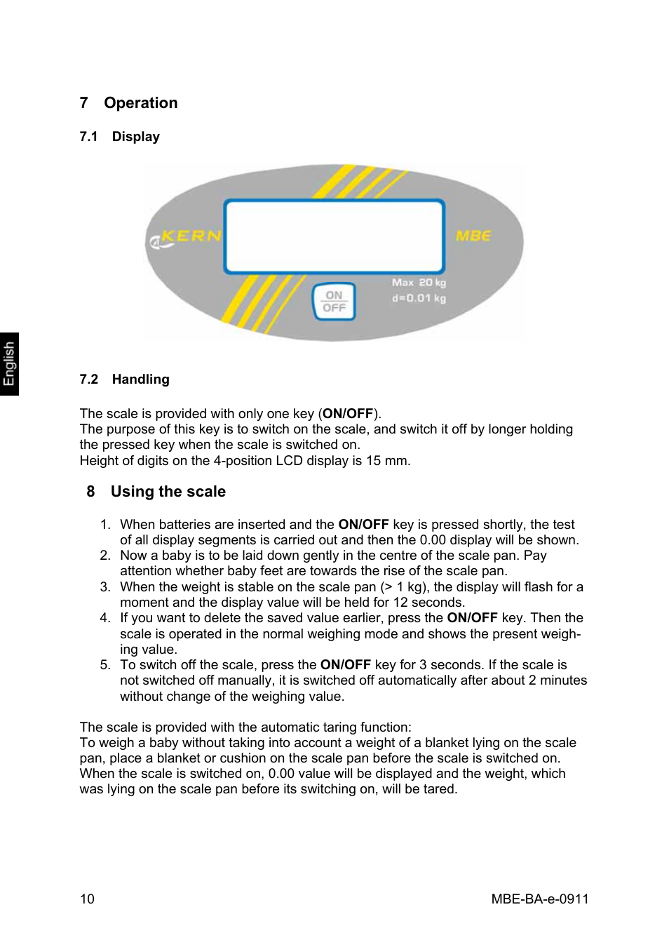 7 operation, 1 display, 2 handling | 8 using the scale, Operation, Display, Handling, Using the scale | KERN & SOHN MBE 20K10 User Manual | Page 10 / 12