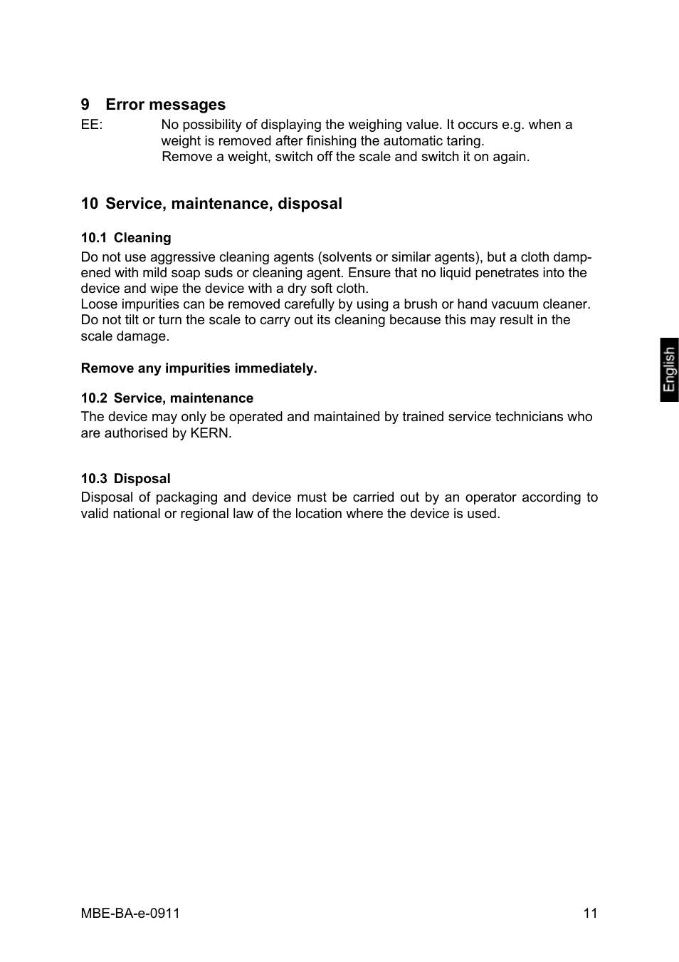 9 error messages, 10 service, maintenance, disposal, 1 cleaning | 2 service, maintenance, 3 disposal, Error messages, Service, maintenance, disposal, Cleaning, Service, maintenance, Disposal | KERN & SOHN MBE 20K10 User Manual | Page 11 / 12