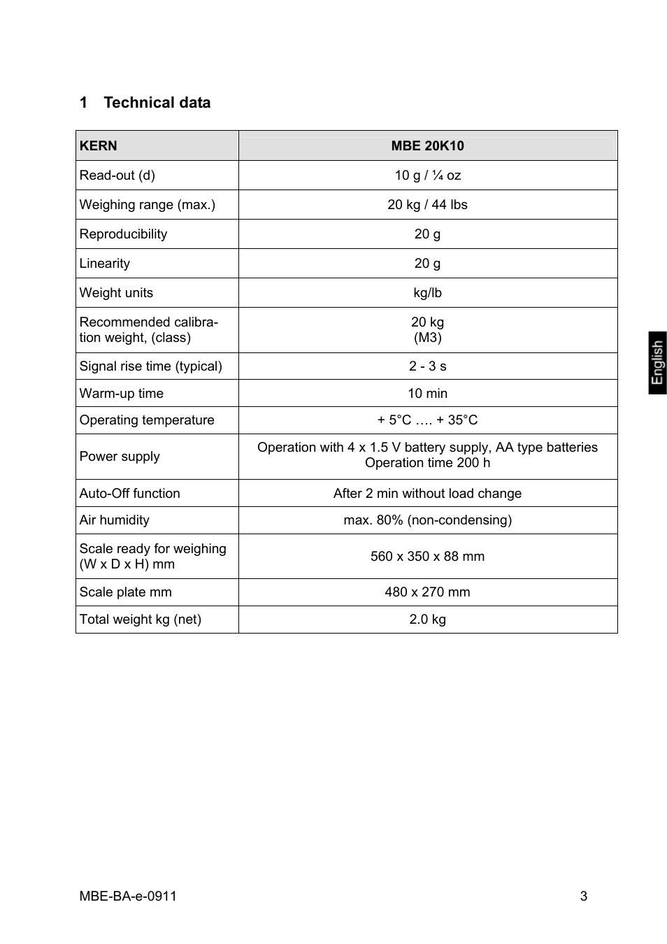 1 technical data, Technical data | KERN & SOHN MBE 20K10 User Manual | Page 3 / 12