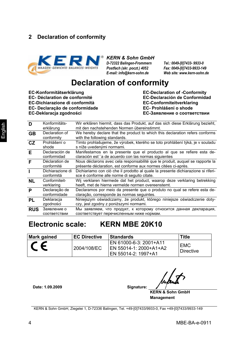 2 declaration of conformity, Declaration of conformity, Electronic scale: kern mbe 20k10 | KERN & SOHN MBE 20K10 User Manual | Page 4 / 12