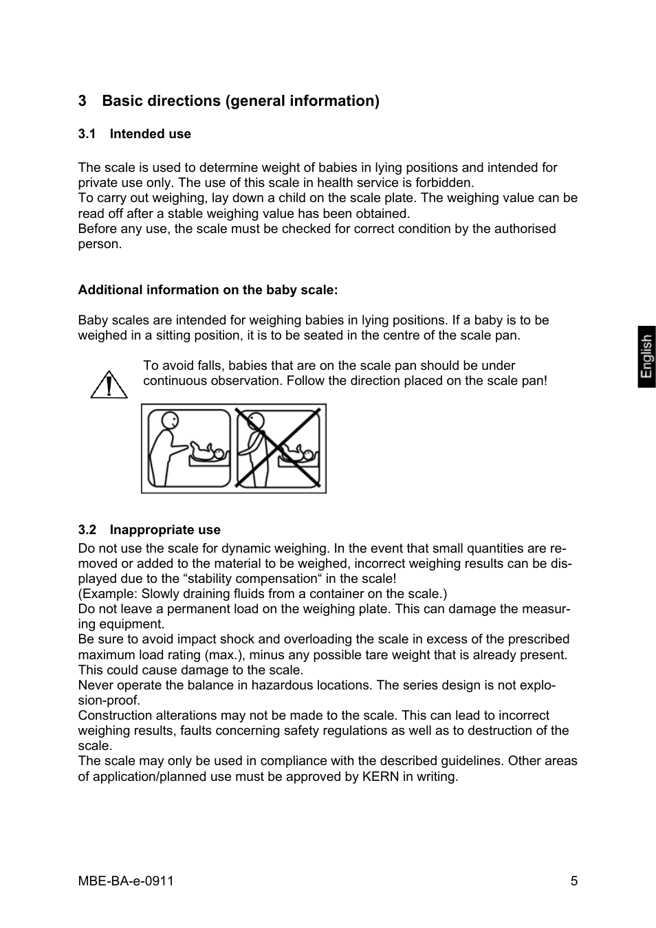 3 basic directions (general information), 1 intended use, 2 inappropriate use | Basic directions (general information), Intended use, Inappropriate use | KERN & SOHN MBE 20K10 User Manual | Page 5 / 12