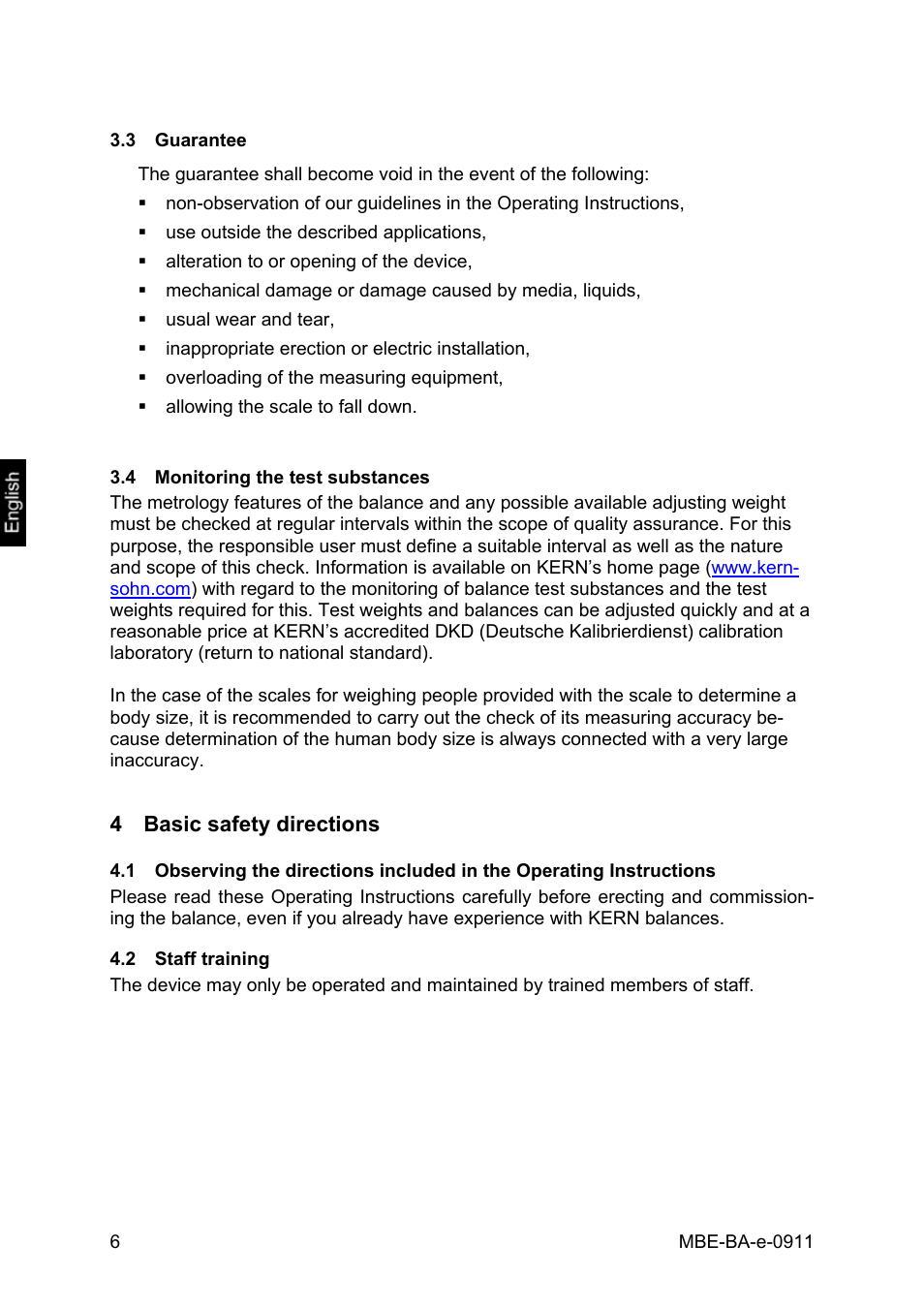 3 guarantee, 4 monitoring the test substances, 4 basic safety directions | 2 staff training, Guarantee, Monitoring the test substances, Basic safety directions, Staff training | KERN & SOHN MBE 20K10 User Manual | Page 6 / 12