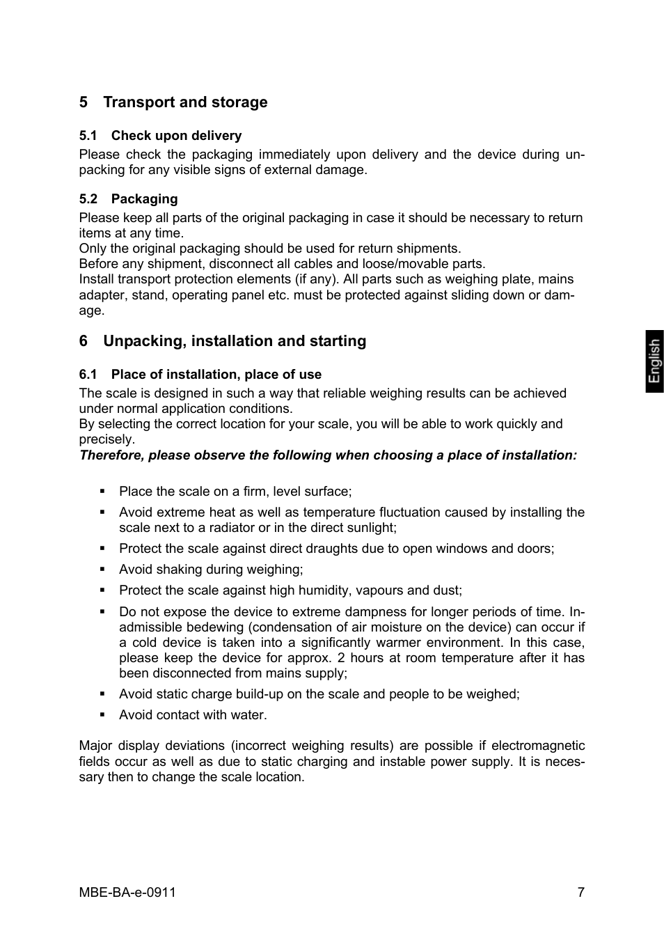5 transport and storage, 1 check upon delivery, 2 packaging | 6 unpacking, installation and starting, 1 place of installation, place of use, Transport and storage, Check upon delivery, Packaging, Unpacking, installation and starting, Place of installation, place of use | KERN & SOHN MBE 20K10 User Manual | Page 7 / 12