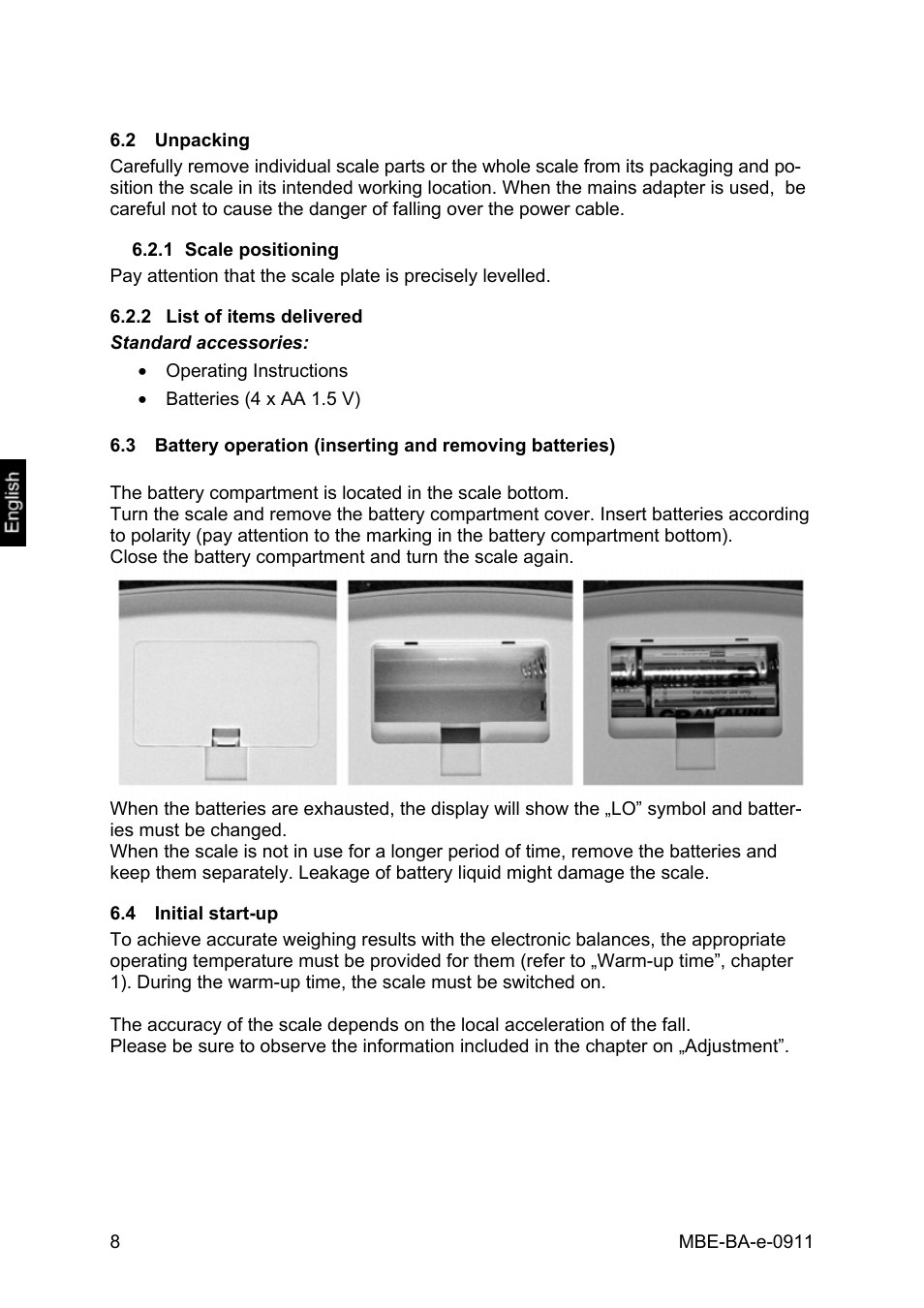 2 unpacking, 1 scale positioning, 2 list of items delivered | 4 initial start-up, Unpacking, Scale positioning, List of items delivered, Initial start-up | KERN & SOHN MBE 20K10 User Manual | Page 8 / 12