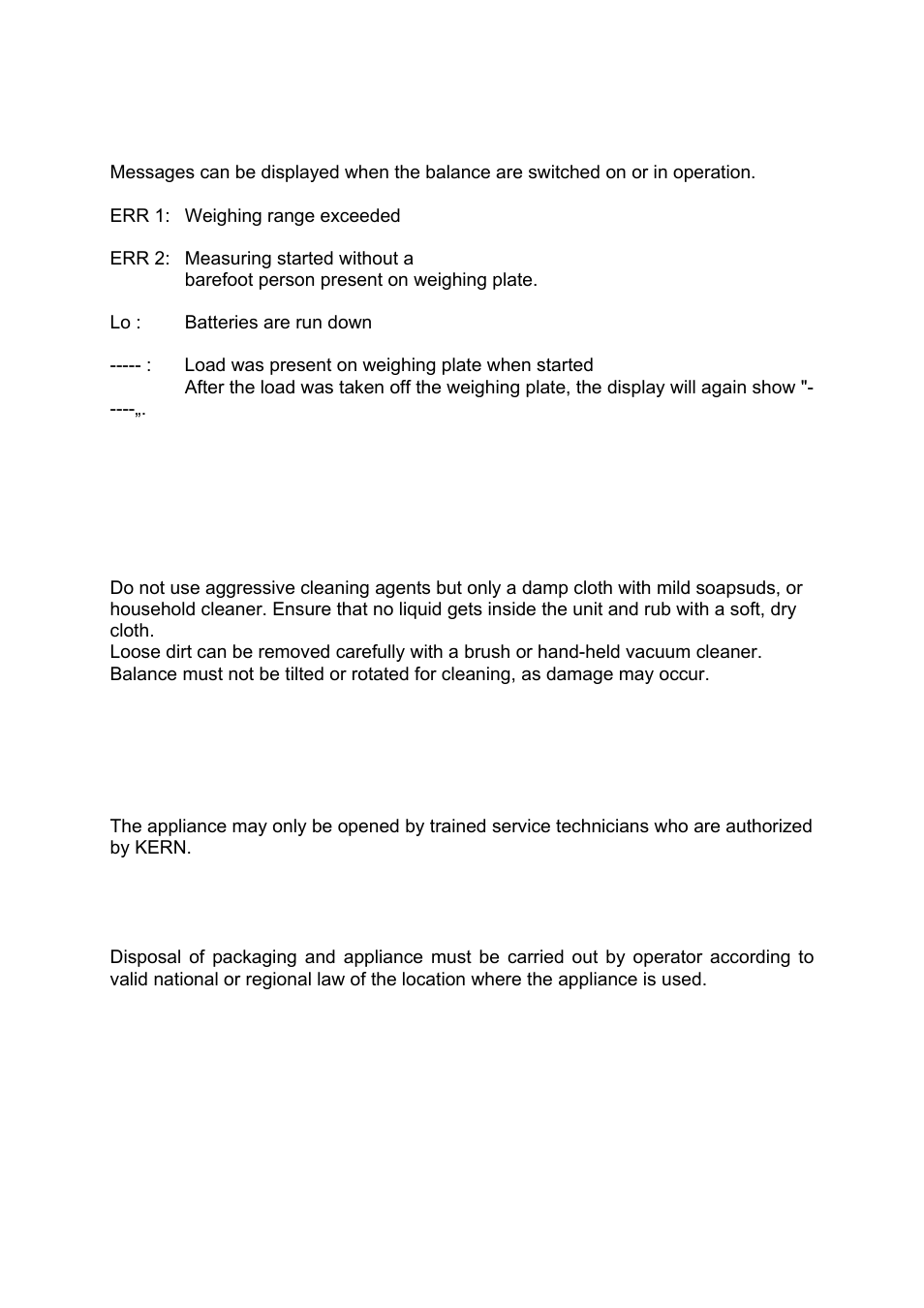 8 error message, 9 service, maintenance, disposal, 1 cleaning | 2 service, maintenance, 3 disposal, Error message, Service, maintenance, disposal, Cleaning, Service, maintenance, Disposal | KERN & SOHN MFB 150K100 User Manual | Page 12 / 13