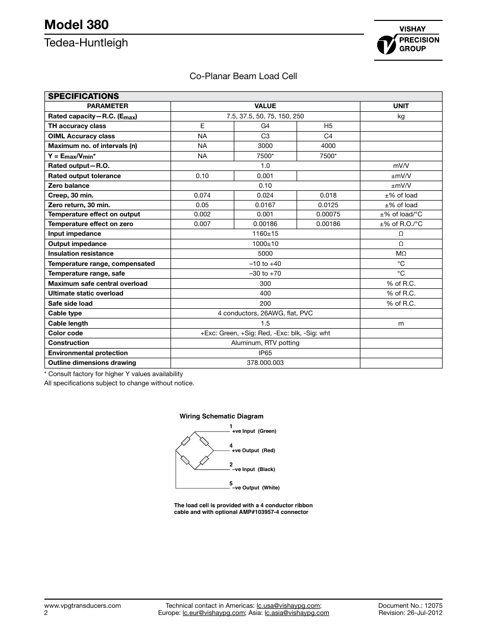 Model 380, Tedea-huntleigh, Co-planar beam load cell | Specifications | KERN & SOHN MXS 300K100M Addendum User Manual | Page 2 / 3