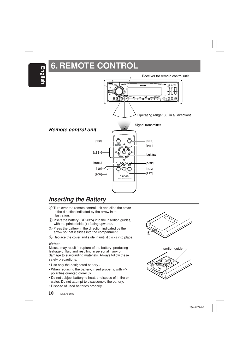 Remote control, Inserting the battery, English | Remote control unit | Clarion DXZ755MC User Manual | Page 10 / 34