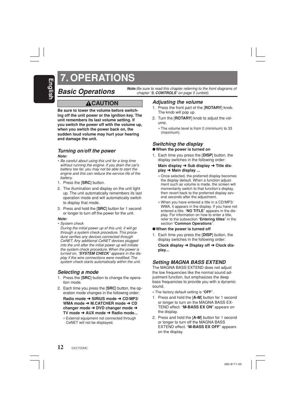 Operations, Basic operations, English | Caution | Clarion DXZ755MC User Manual | Page 12 / 34
