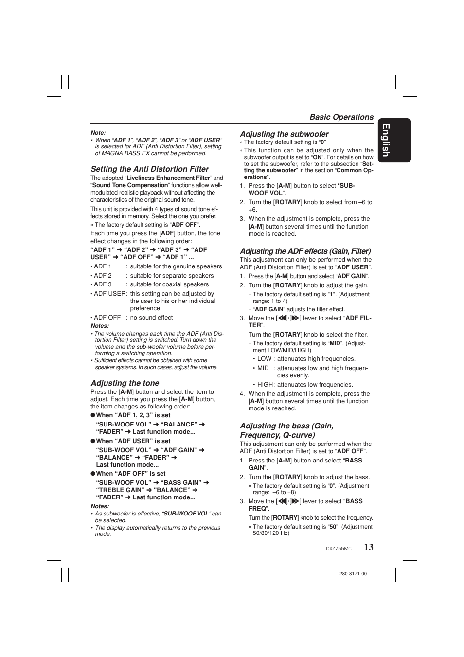 13 english, Setting the anti distortion filter, Adjusting the tone | Basic operations adjusting the subwoofer, Adjusting the adf effects (gain, filter), Adjusting the bass (gain, frequency, q-curve) | Clarion DXZ755MC User Manual | Page 13 / 34