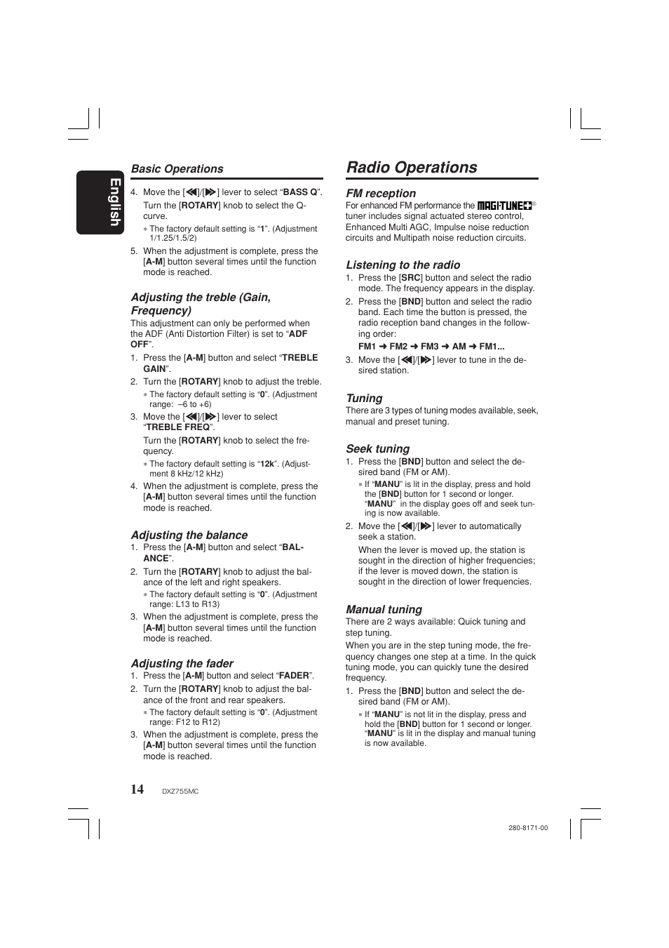 Radio operations, English, Fm reception | Listening to the radio, Tuning, Seek tuning, Manual tuning, Basic operations, Adjusting the treble (gain, frequency), Adjusting the balance | Clarion DXZ755MC User Manual | Page 14 / 34