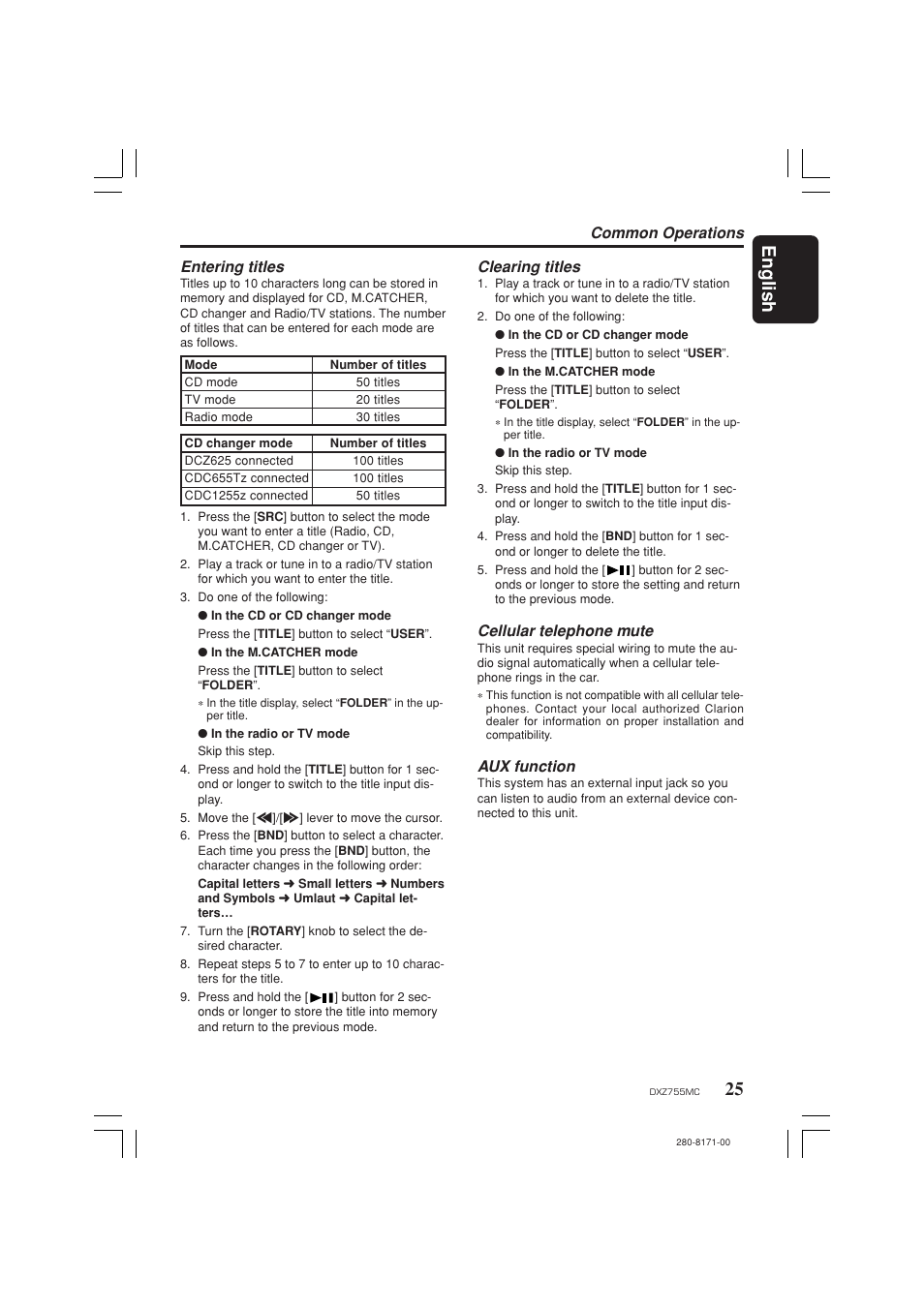 25 english, Clearing titles, Cellular telephone mute | Aux function, Common operations entering titles | Clarion DXZ755MC User Manual | Page 25 / 34