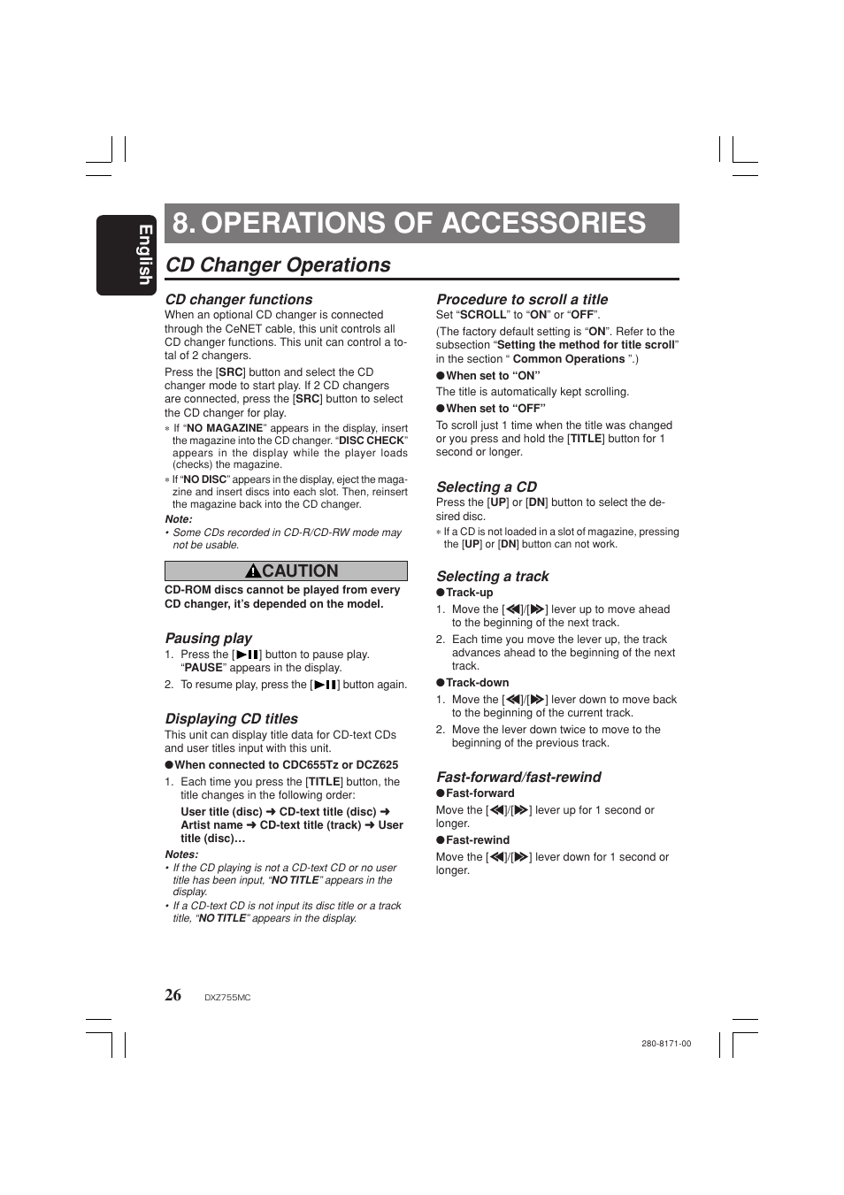 Operations of accessories, Cd changer operations, English | Caution | Clarion DXZ755MC User Manual | Page 26 / 34