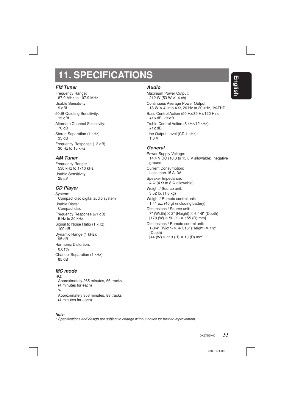 Specifications, 33 english | Clarion DXZ755MC User Manual | Page 33 / 34