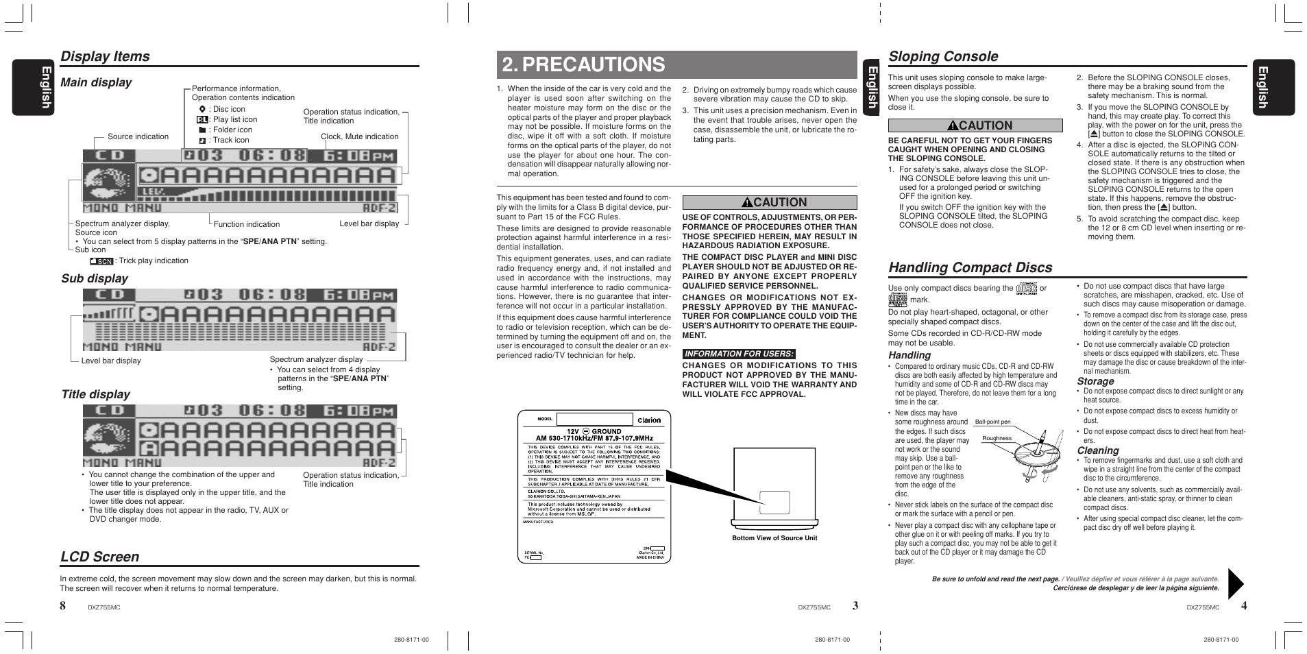 Sloping console, Handling compact discs, Precautions | Display items sloping console, Lcd screen, 4english english english, Caution, Main display sub display title display | Clarion DXZ755MC User Manual | Page 4 / 34