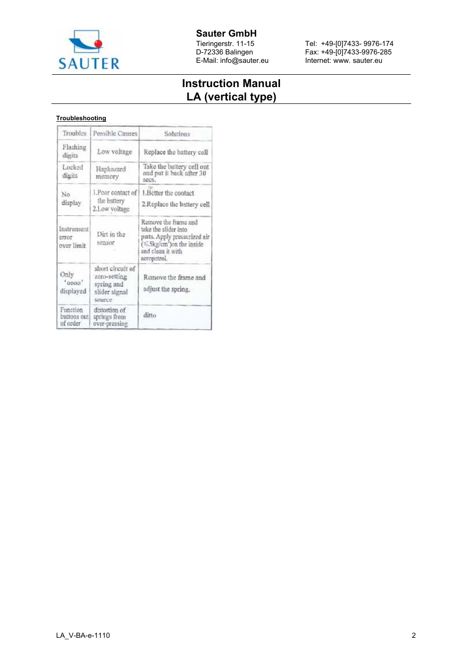 Instruction manual la (vertical type) | KERN & SOHN LA 300-2 User Manual | Page 2 / 2