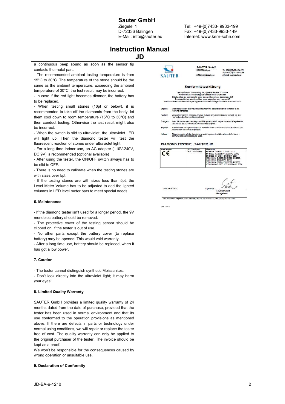 Instruction manual jd | KERN & SOHN JD User Manual | Page 2 / 2