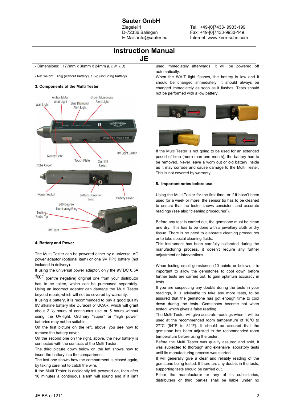 Instruction manual je, Sauter gmbh | KERN & SOHN JE User Manual | Page 2 / 5