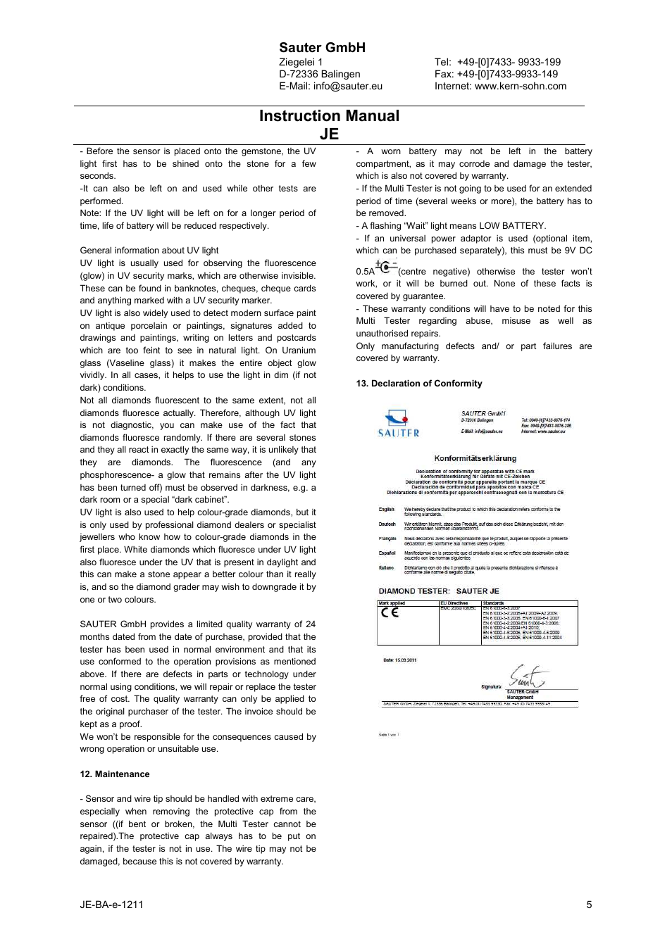 Instruction manual je, Sauter gmbh | KERN & SOHN JE User Manual | Page 5 / 5