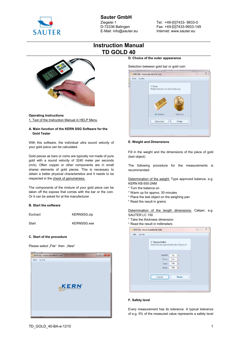 KERN & SOHN TD GOLD 40 User Manual | 3 pages