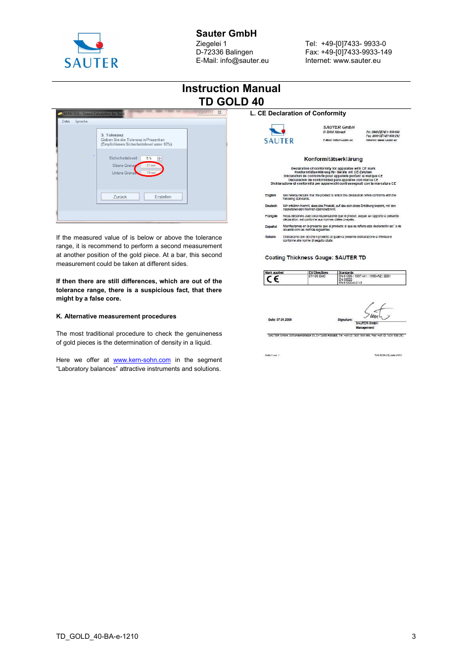 Instruction manual td gold 40, Sauter gmbh | KERN & SOHN TD GOLD 40 User Manual | Page 3 / 3