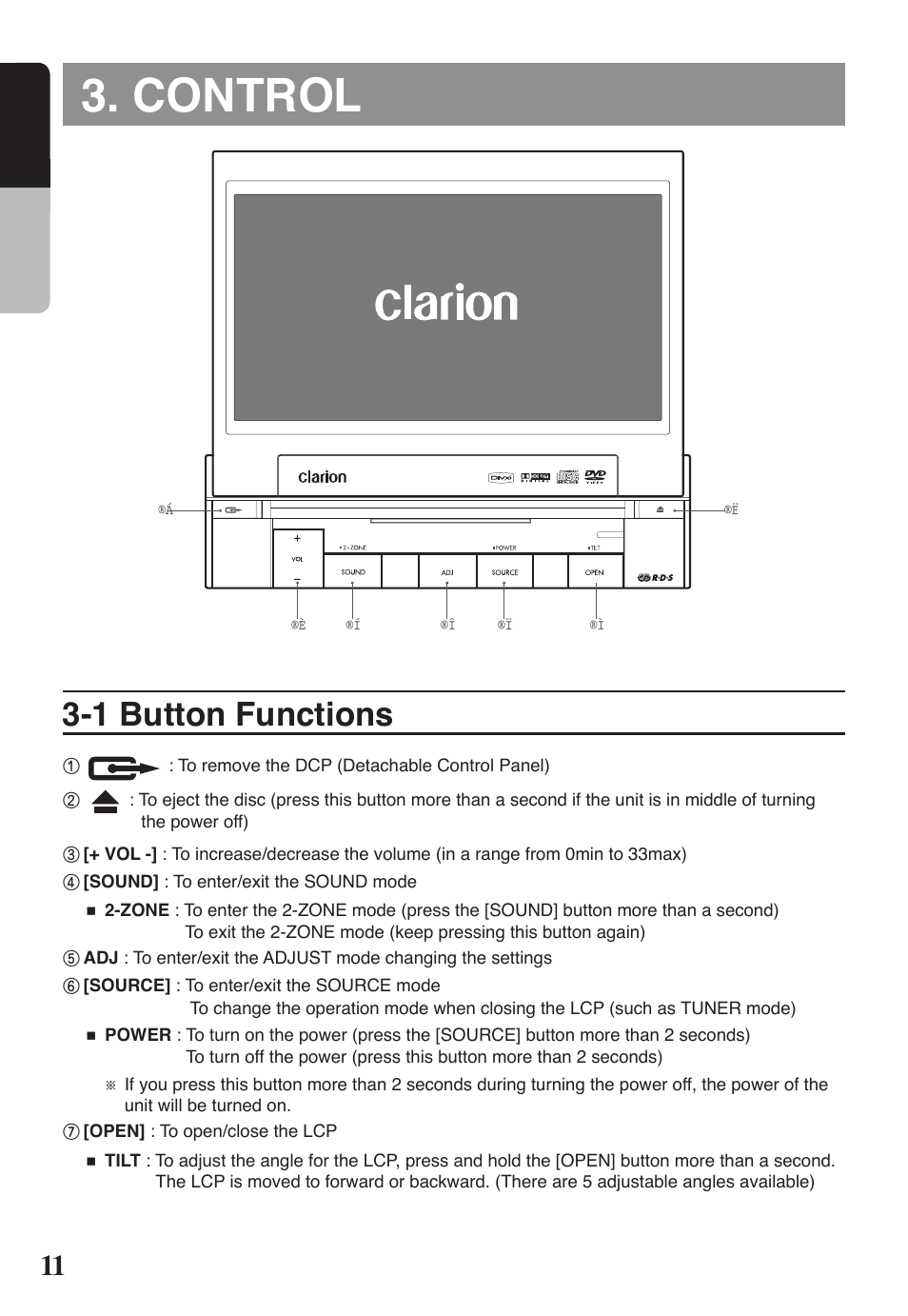 Control, 1 button functions, 11 english | Clarion VRX578RUSB User Manual | Page 10 / 68
