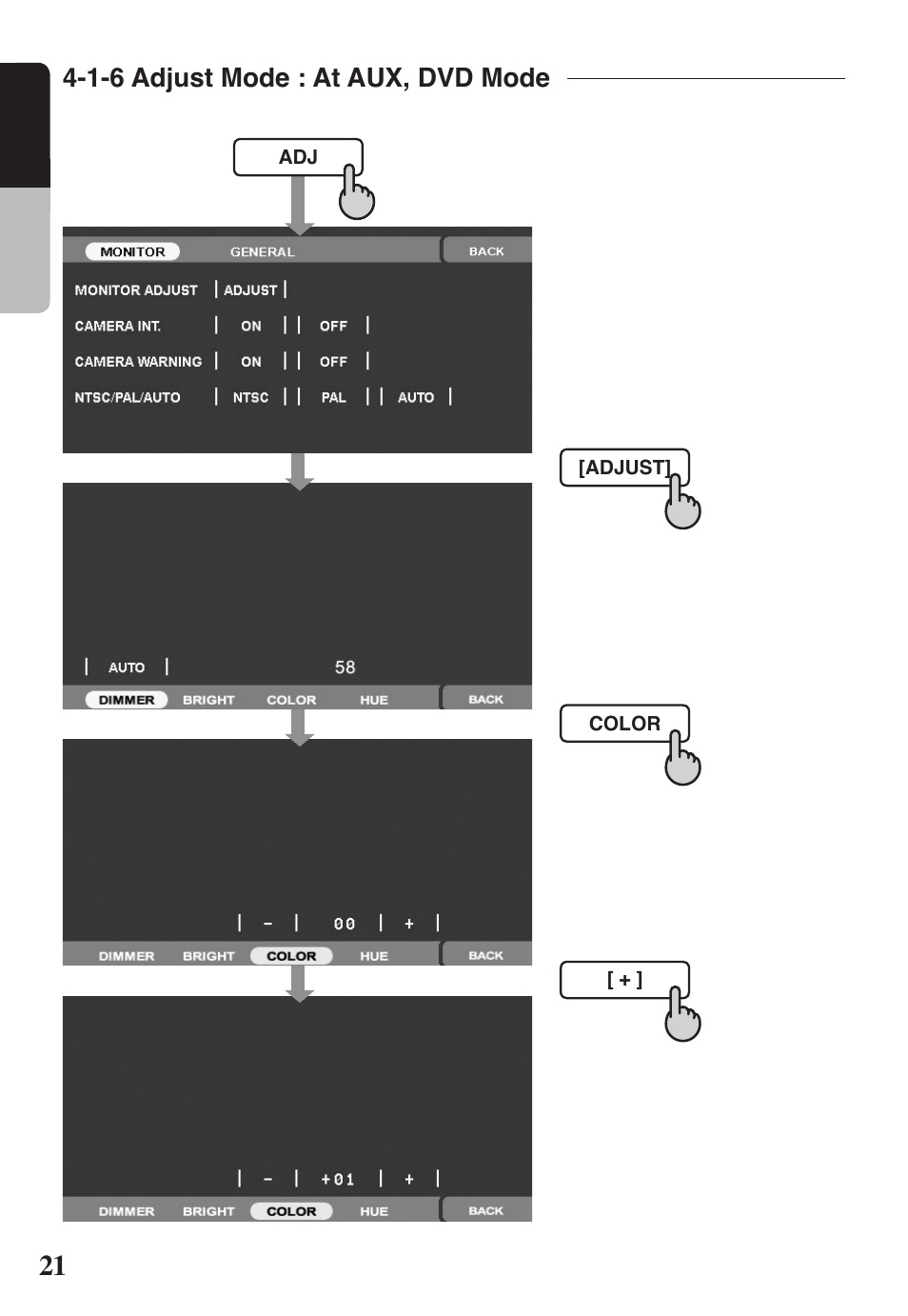 21 english, 1-6 adjust mode : at aux, dvd mode | Clarion VRX578RUSB User Manual | Page 20 / 68
