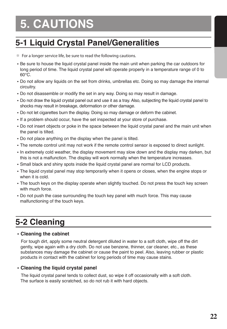 Cautions, 1 liquid crystal panel/generalities, 2 cleaning | 22 english | Clarion VRX578RUSB User Manual | Page 21 / 68