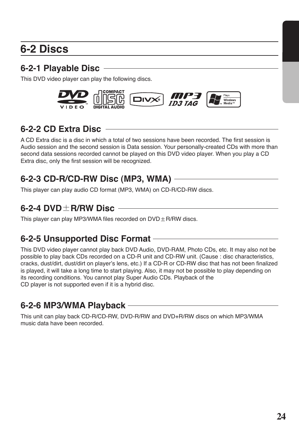2 discs, 2 english, 2-1 playable disc | 2-2 cd extra disc, 2-3 cd-r/cd-rw disc (mp3, wma), 2-4 dvd ± r/rw disc, 2-5 unsupported disc format, 2-6 mp3/wma playback | Clarion VRX578RUSB User Manual | Page 23 / 68