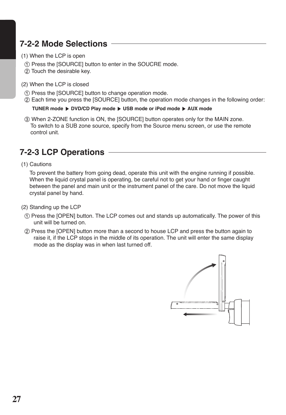 2 english, 2-2 mode selections, 2-3 lcp operations | Clarion VRX578RUSB User Manual | Page 26 / 68