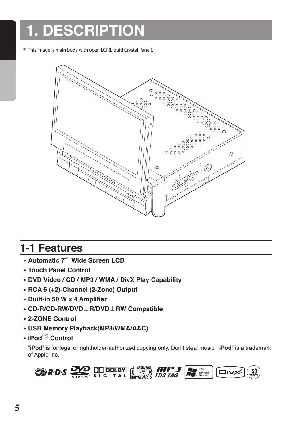 Description, 1 features, English | Clarion VRX578RUSB User Manual | Page 4 / 68