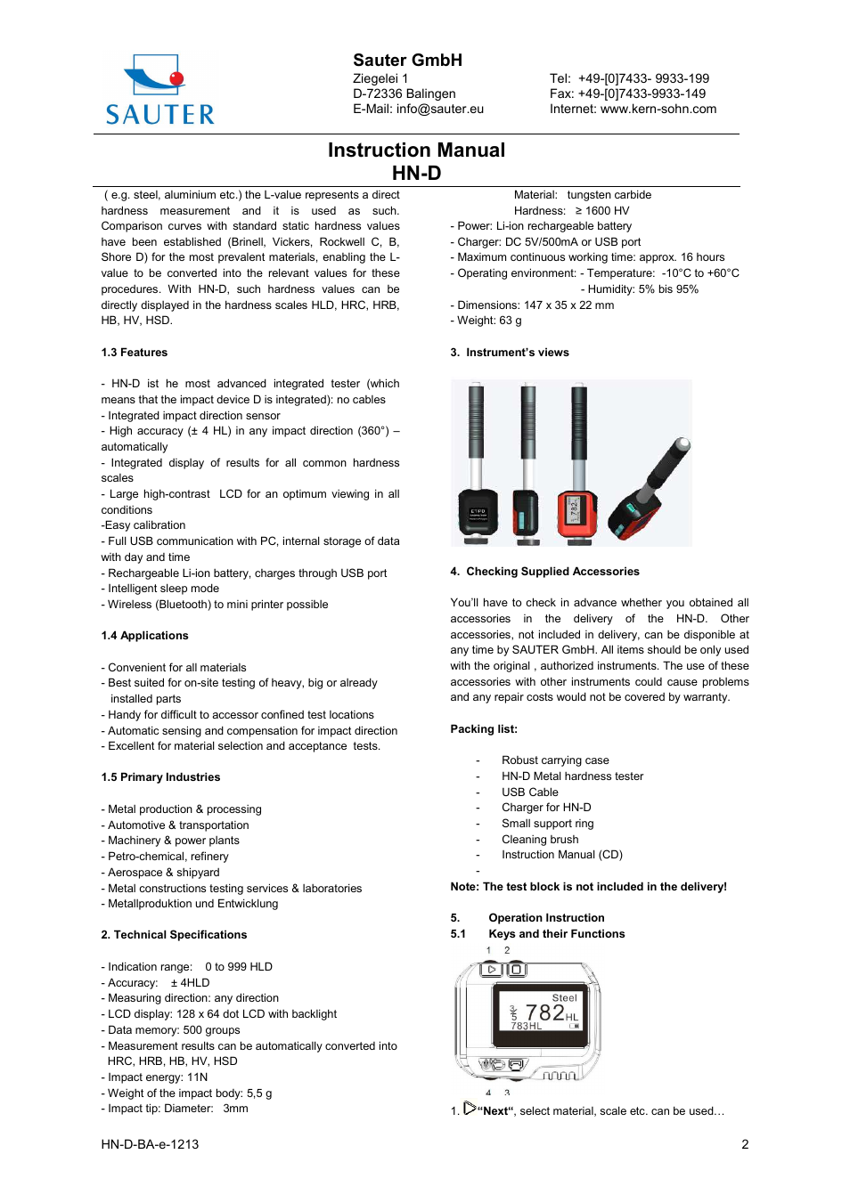Instruction manual hn-d, Sauter gmbh | KERN & SOHN HN-D User Manual | Page 2 / 7