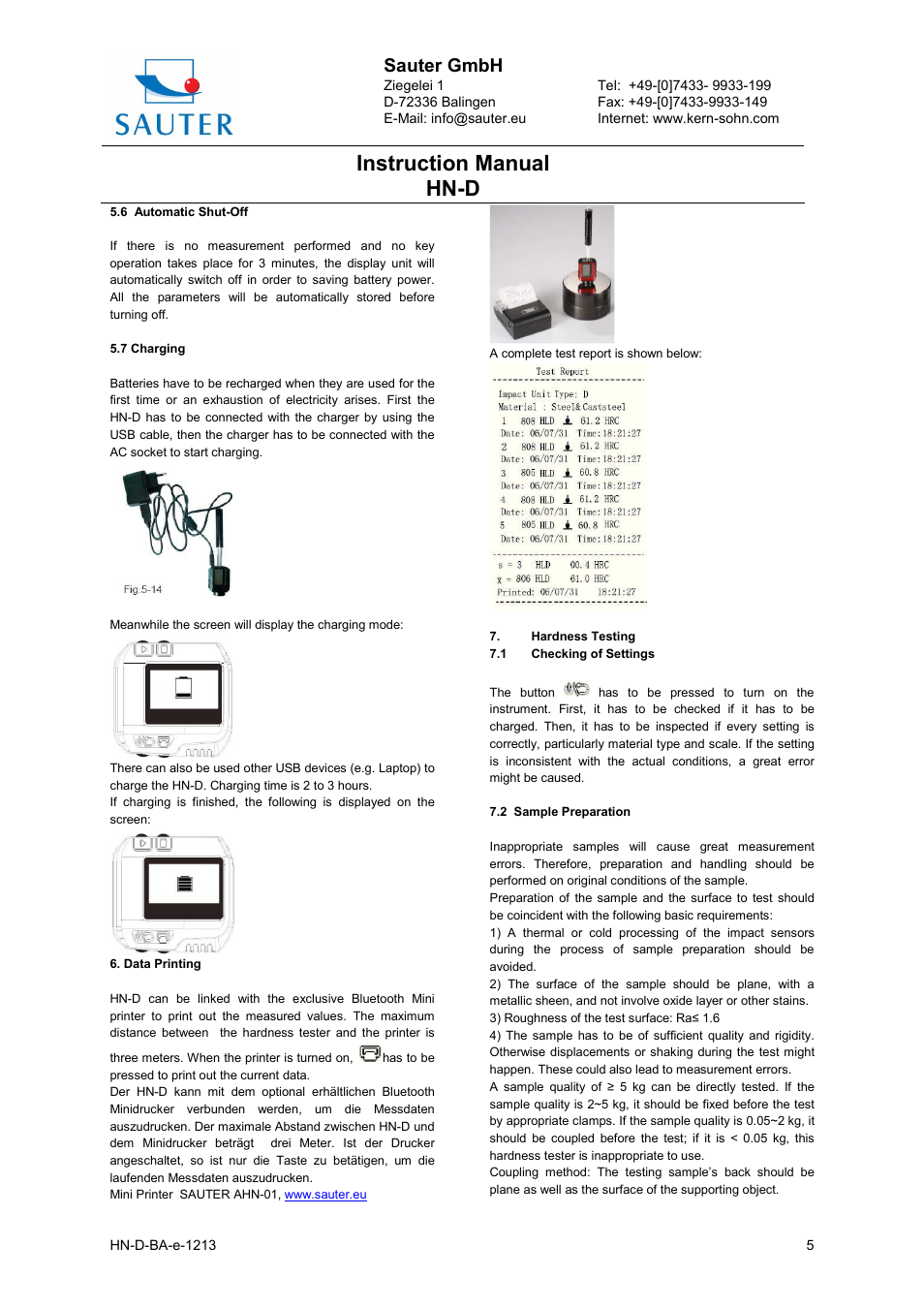 Instruction manual hn-d, Sauter gmbh | KERN & SOHN HN-D User Manual | Page 5 / 7