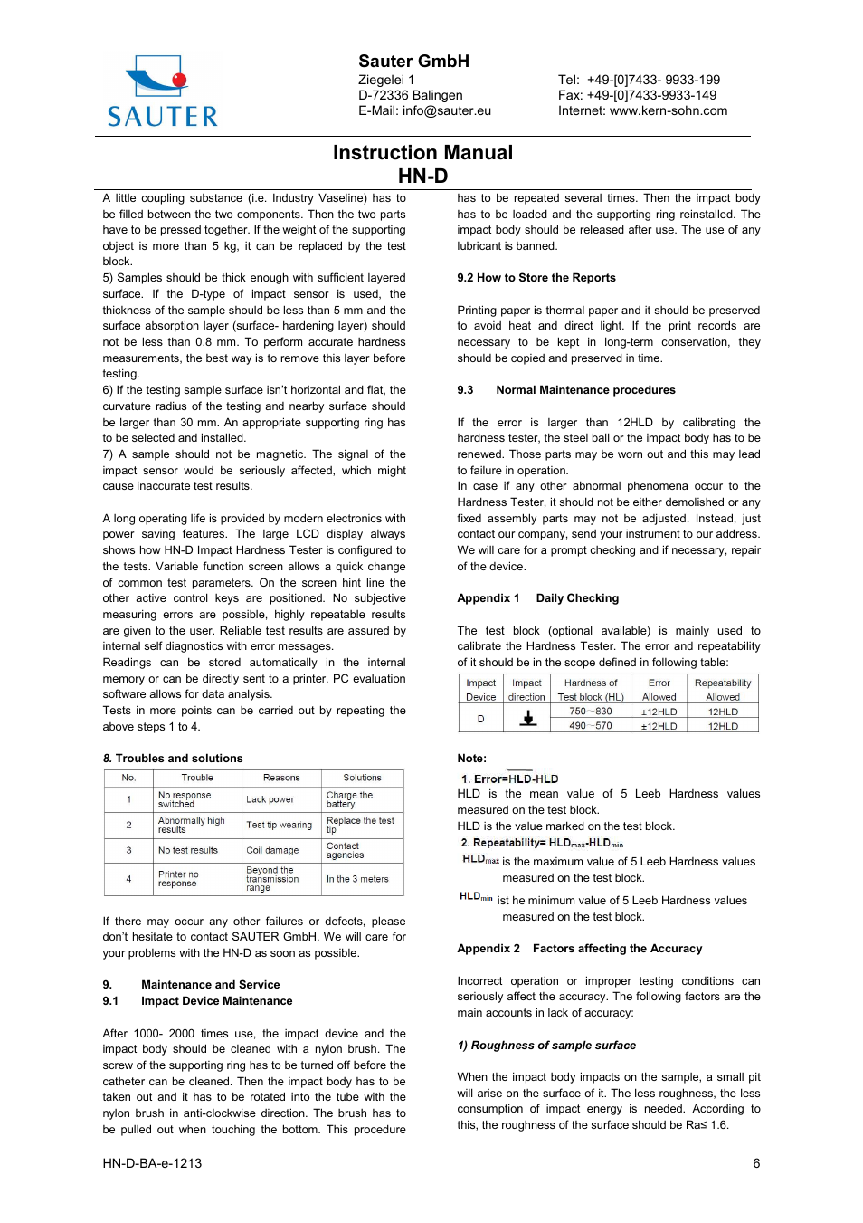 Instruction manual hn-d, Sauter gmbh | KERN & SOHN HN-D User Manual | Page 6 / 7