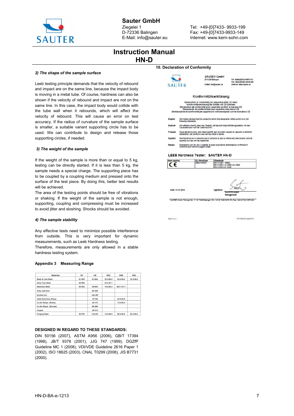 Instruction manual hn-d, Sauter gmbh | KERN & SOHN HN-D User Manual | Page 7 / 7