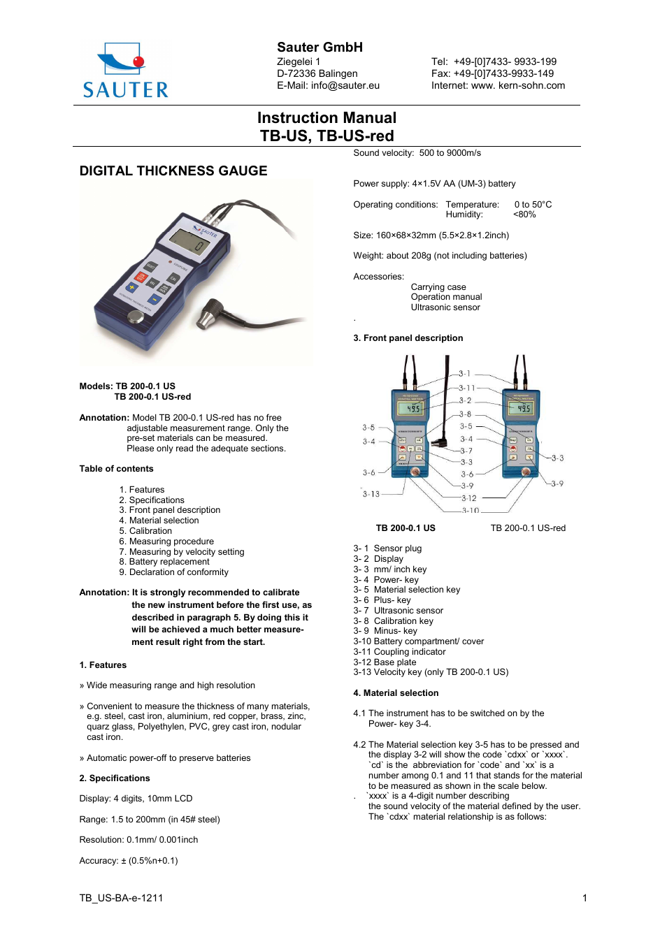 KERN & SOHN TB 200-0.1US-RED User Manual | 3 pages